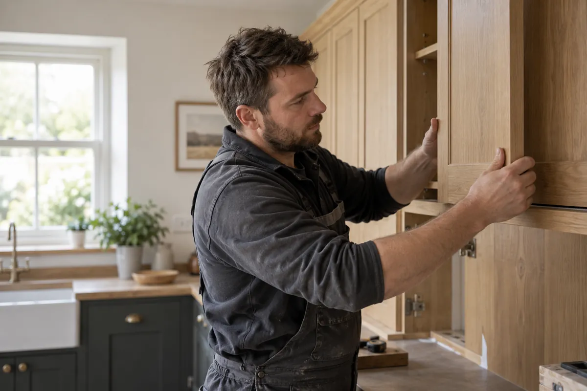 Illustrative photo of a carpenter fitting oak kitchen cabinets
