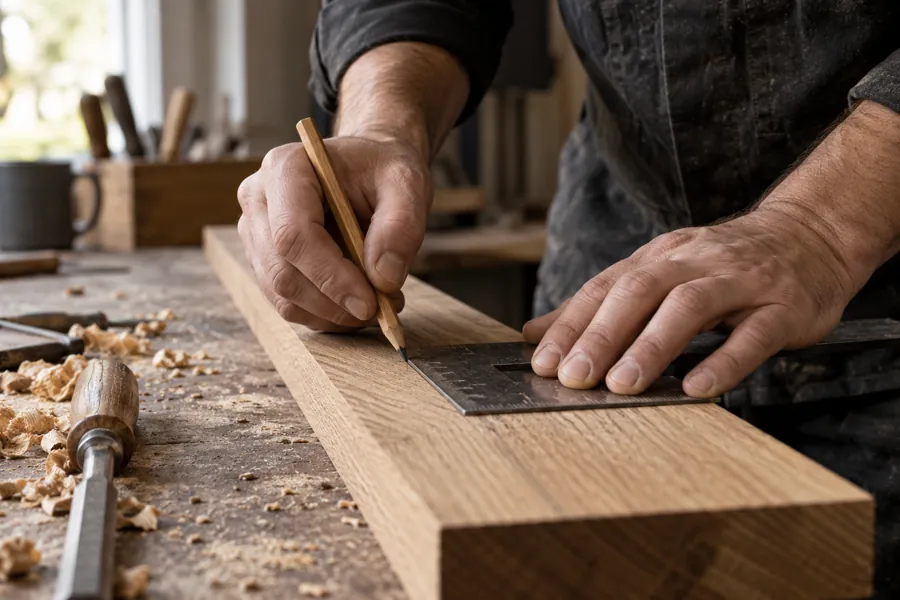 Illustrative close-up of skilled hands measuring an oak board